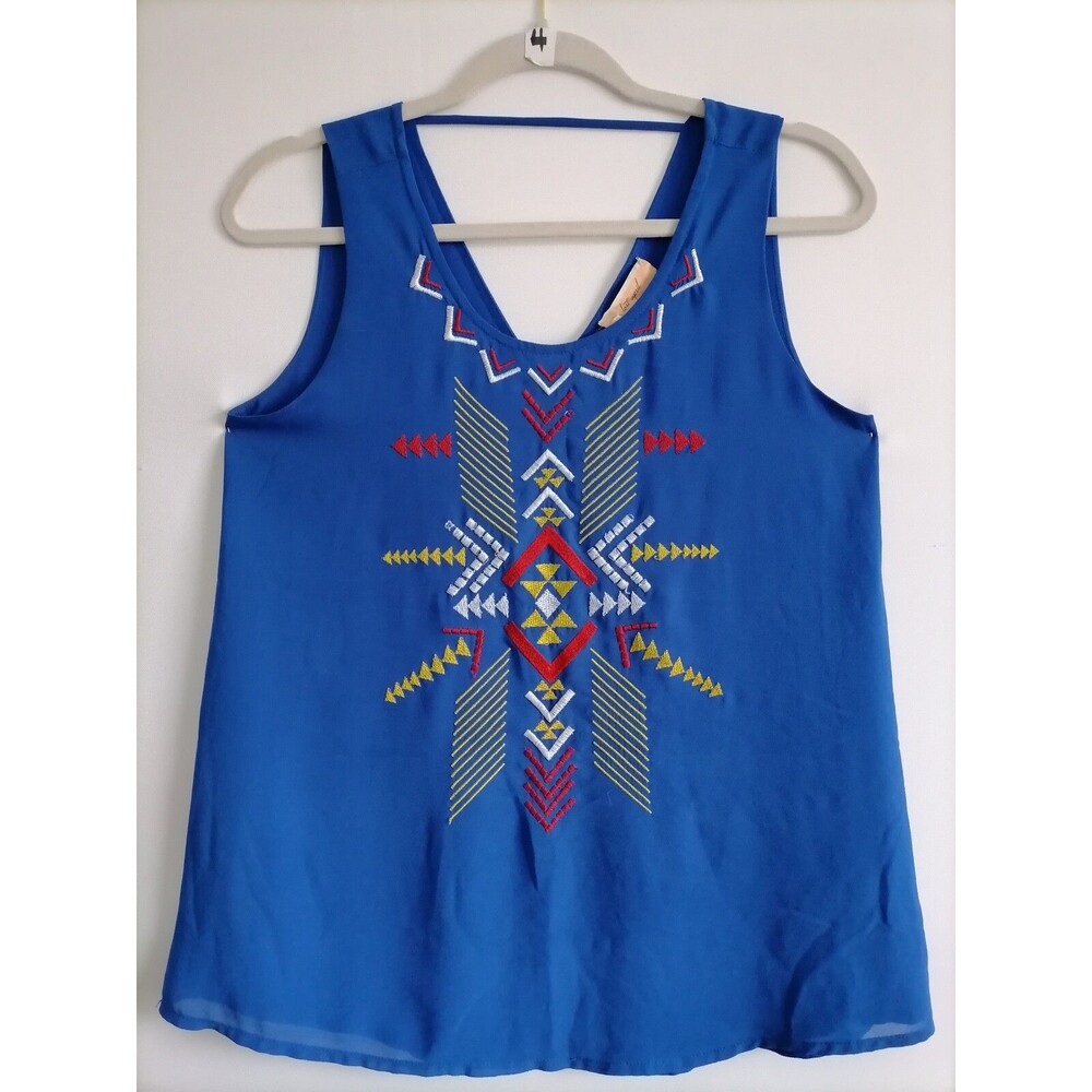 Lost April Womens Blue Scoop Neck Sleeveless Embroidered Tank Top Size Small